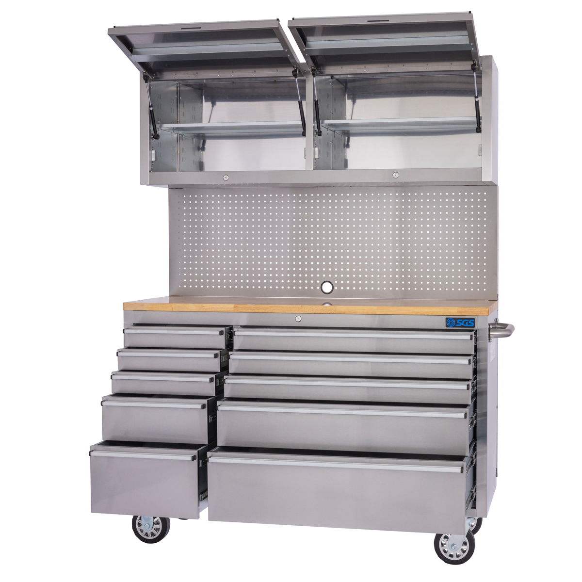 SGS 55in 10 Drawer Stainless Steel Roller Work Bench with Pegboard and Upper Cabinets